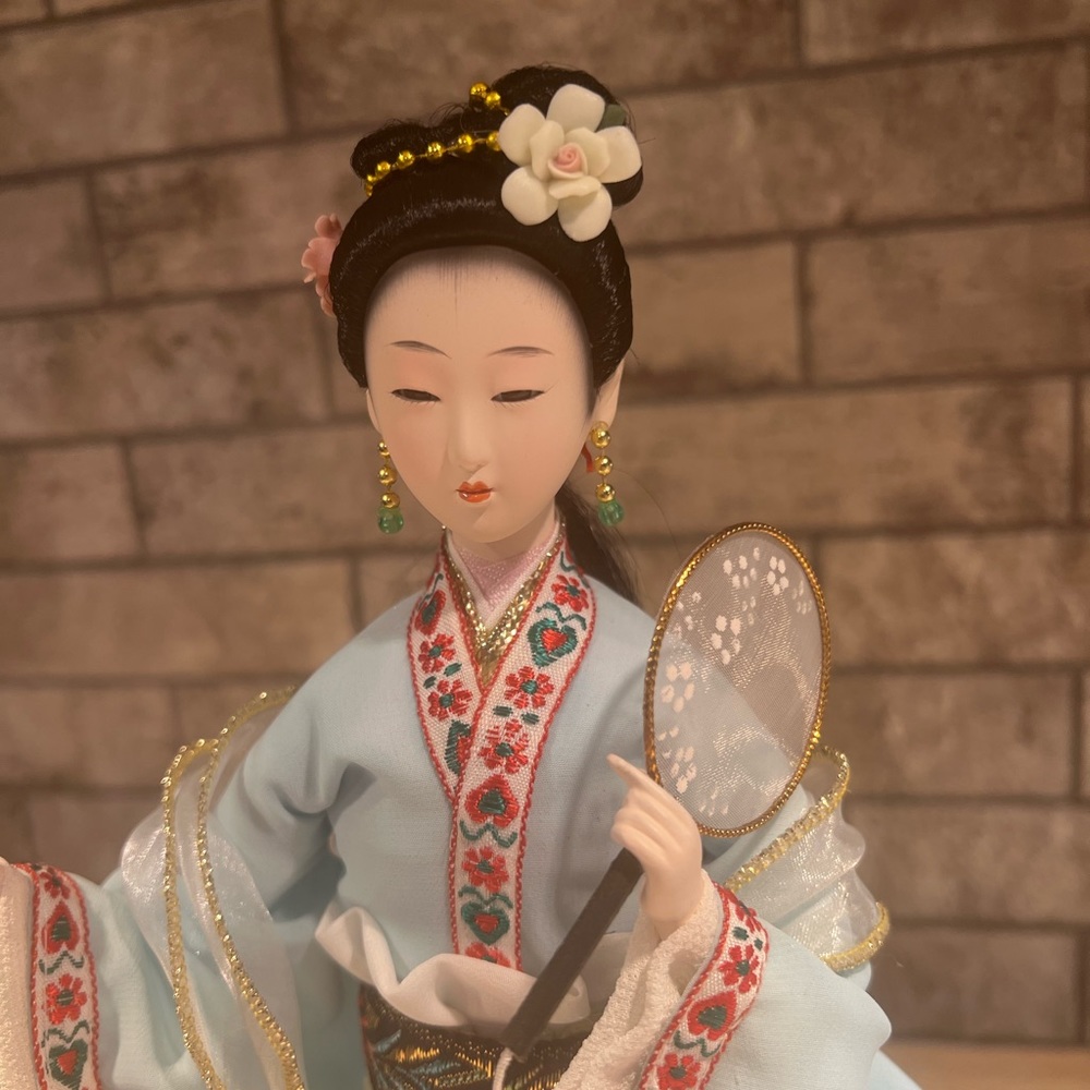 Vintage 14” Collectible Japanese Doll with Fan Flowers Earrings on Base